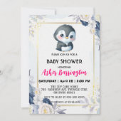 Gold Niedlicher Pinguin Blue Blume Babydusche Kind Einladung (Vorderseite)
