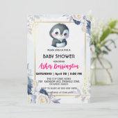 Gold Niedlicher Pinguin Blue Blume Babydusche Kind Einladung (Stehend Vorderseite)