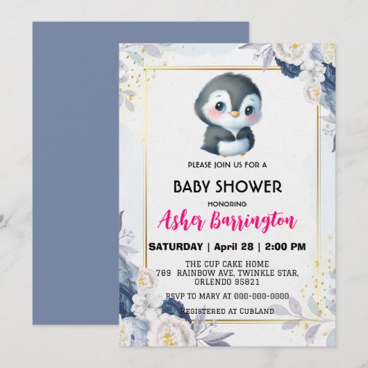 Gold Niedlicher Pinguin Blue Blume Babydusche Kind Einladung (Vorne/Hinten)