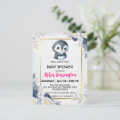 Gold Niedlicher Pinguin Blue Blume Babydusche Kind Postkarte (Stehend Vorderseite)
