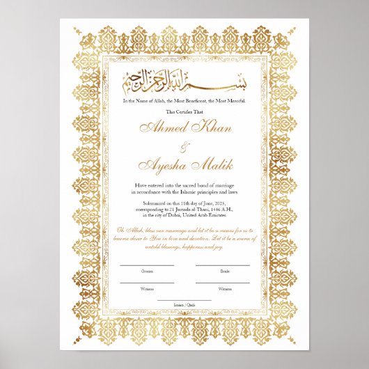 Gold Nikkah Certificate for Muslim Islamic Wedding Poster (Vorne)