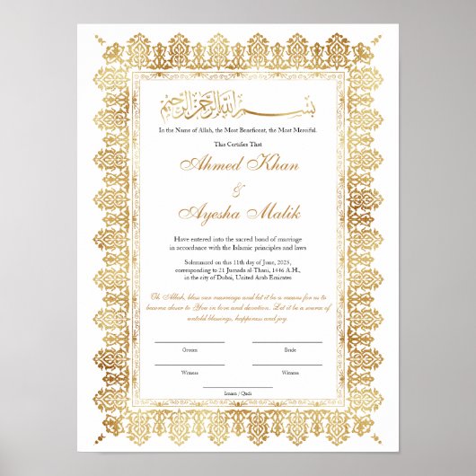 Gold Nikkah Certificate for Muslim Islamic Wedding Poster (Vorne)