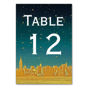 Gold NYC breite Skyline Ätzung Dämmerung Sternen D Tischnummer