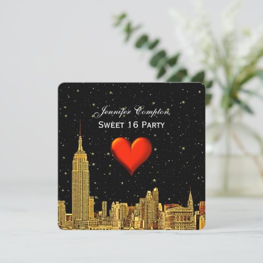 Gold NYC Skyline 01 Etched Heart Stars SQ Sweet 16 Einladung (Stehend Vorderseite)