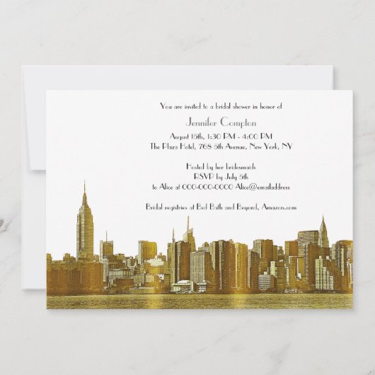 Gold NYC Skyline 01 Etched Wht Brautparty Einladung (Rückseite)