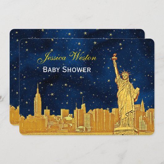 Gold NYC Skyline #2 Blue Starry H Baby Shower Einladung (Vorne/Hinten)