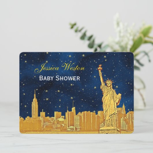Gold NYC Skyline #2 Blue Starry H Baby Shower Einladung (Stehend Vorderseite)
