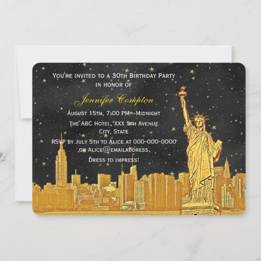 Gold NYC Skyline #2 Etch Blk Starry BG H Birthday Einladung (Rückseite)