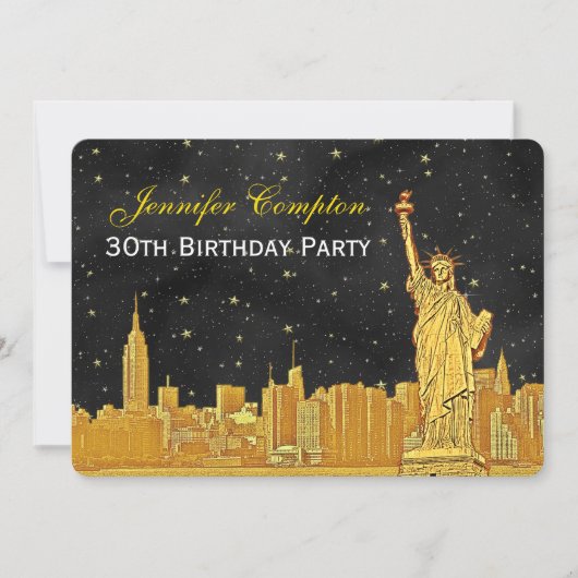Gold NYC Skyline #2 Etch Blk Starry BG H Birthday Einladung (Vorderseite)