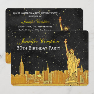 Gold NYC Skyline #2 Etch Blk Starry BG H Birthday Einladung