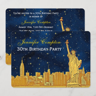Gold NYC Skyline #2 Etch Blue Starry BG H Birthday Einladung