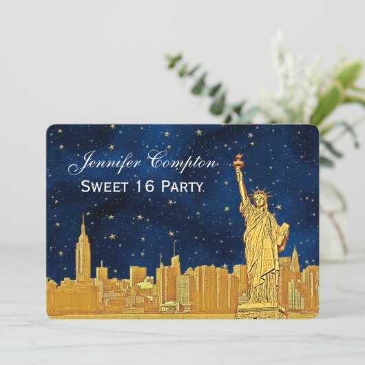 Gold NYC Skyline #2 Etch Blue Starry BG H Sweet 16 Einladung (Stehend Vorderseite)
