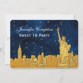 Gold NYC Skyline #2 Etch Blue Starry BG H Sweet 16 Einladung (Vorderseite)