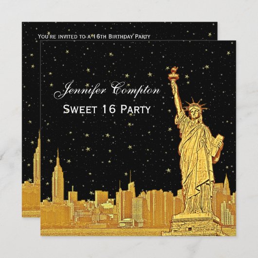 Gold NYC Skyline #2 Etch Starry DIY BG SQ Sweet 16 Einladung (Vorne/Hinten)