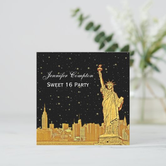 Gold NYC Skyline #2 Etch Starry DIY BG SQ Sweet 16 Einladung (Stehend Vorderseite)