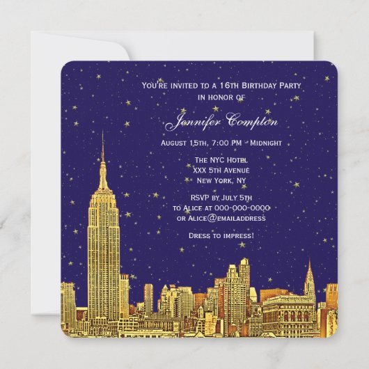 Gold NYC Skyline Etch Blue Starry Sky SQ Sweet 16 Einladung (Rückseite)