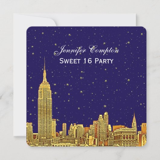 Gold NYC Skyline Etch Blue Starry Sky SQ Sweet 16 Einladung (Vorderseite)