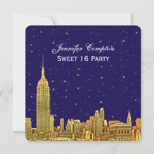 Gold NYC Skyline Etch Blue Starry Sky SQ Sweet 16 Einladung