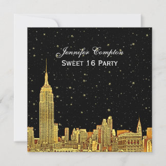 Gold NYC Skyline Etch Starry BG Color SQ Sweet 16 Einladung
