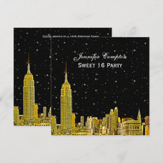 Gold NYC Skyline Etched Starry DIY BG SQ Sweet 16 Einladung