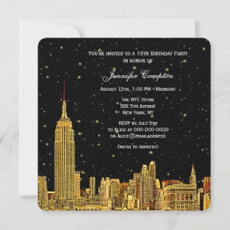 Gold NYC Skyline Etched Starry Sky SQ Sweet 16 Einladung