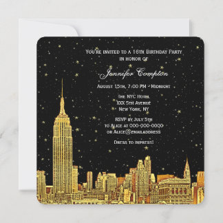 Gold NYC Skyline Etched Starry Sky SQ Sweet 16 Einladung