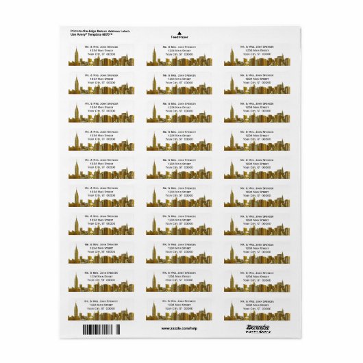 Gold NYC Wide Skyline Etched BW Address Label (Vorne)