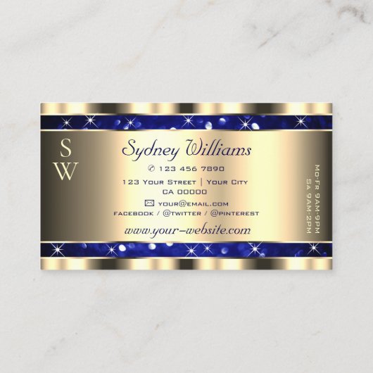 Gold Ocean Blue Glitzer Luminous Stars Initialen Visitenkarte (Rückseite)