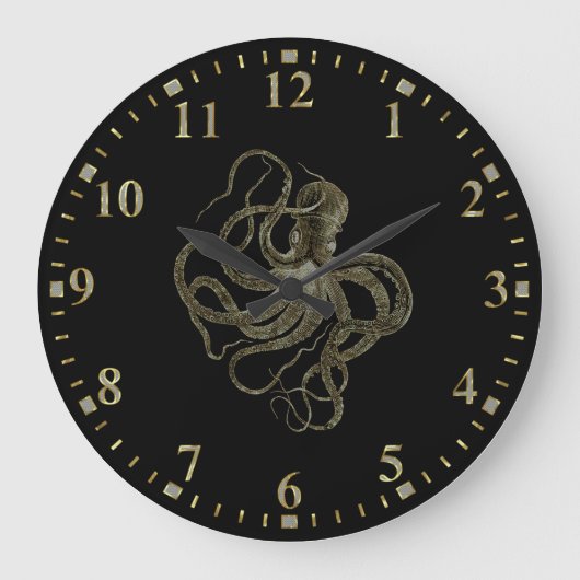 Gold Octopus on Black Große Wanduhr (Vorderseite)