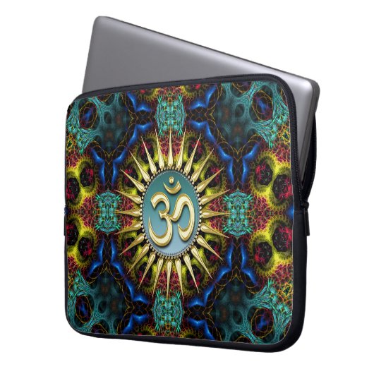 Gold OM Aquamarin+Blue Fraktal Tapestry Notebook-S Laptopschutzhülle (Vorderseite Links)