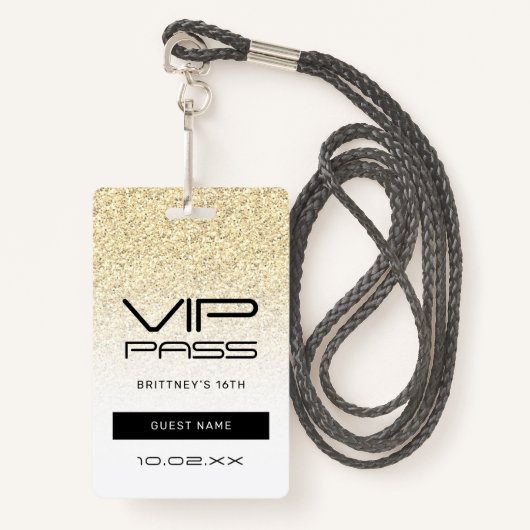 Gold Ombre Glitzer Glam VIP Pass 16. Einladung Ausweis (Vorderseite mit Schlüsselband)
