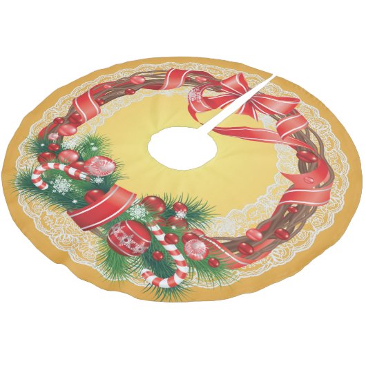 Gold Ombre und Spitzen mit Weihnachtskranz Polyester Weihnachtsbaumdecke (Schrägansicht)