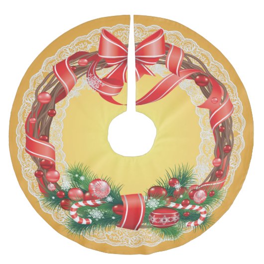 Gold Ombre und Spitzen mit Weihnachtskranz Polyester Weihnachtsbaumdecke (Vorderseite)