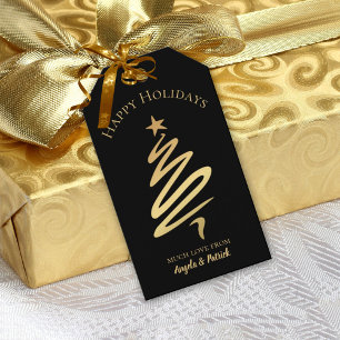 Gold on Black Elegant Christmas Tree Gift Tag Geschenkanhänger