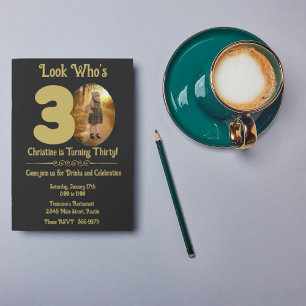 Gold on Black with photo 30th Birthday Invitation Einladung