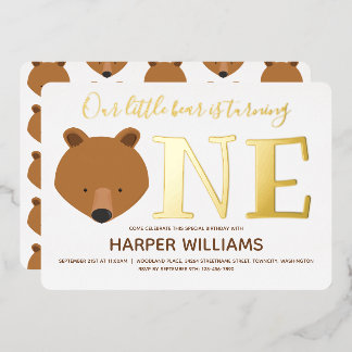 Gold One Animal Bear Erster Geburtstag Folieneinladung