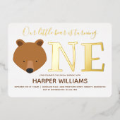Gold One Animal Bear Erster Geburtstag Folieneinladung (Vorderseite)