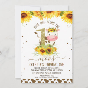 Gold One Sunflower Brown Cow Print 1. Geburtstag Einladung