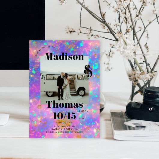 Gold Opal Stone 1 Foto Fett Minimalistische Hochze Einladung