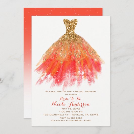 Gold Orange Glitzer Glam Dress Fall Brautparty Einladung (Vorne/Hinten)