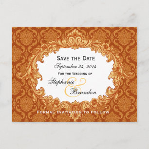 Gold Orange Vintag Damask Wedding Rett Date V34 Ankündigungspostkarte