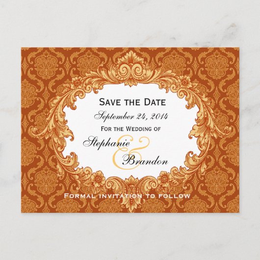 Gold Orange Vintag Damask Wedding Rett Date V34 Ankündigungspostkarte (Vorderseite)