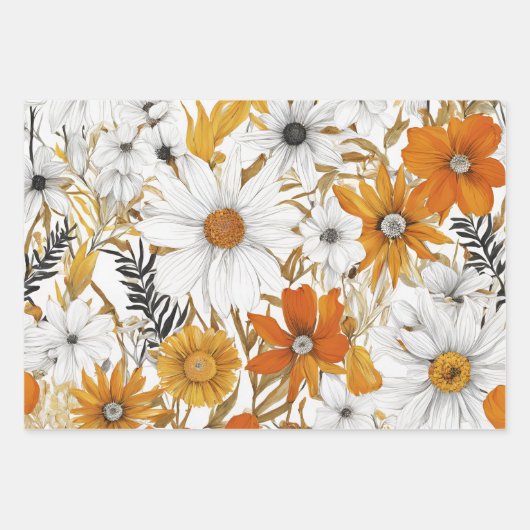 Gold Orange White Daisy Boho Wildblume Decoupage Geschenkpapier Set (Vorderseite 2)