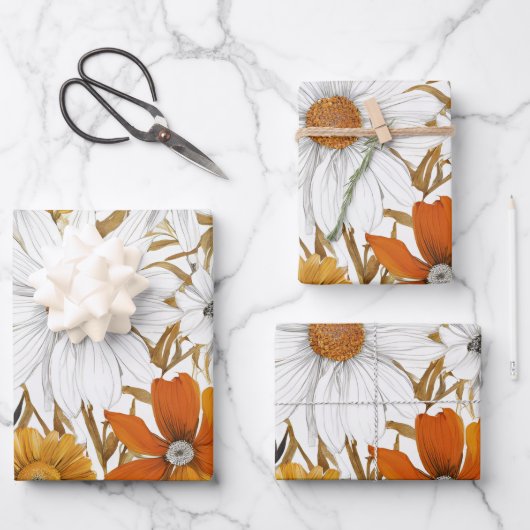 Gold Orange White Daisy Boho Wildblume Decoupage Geschenkpapier Set (Vorderseite)