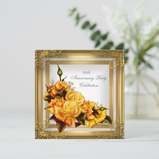 Gold Orange White Elegant 50 Jahre alt Einladung (Stehend Vorderseite)