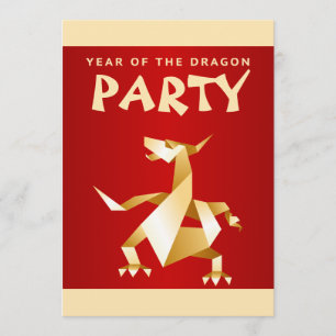 Gold Origami Year of the Dragon on Red Party Einladung