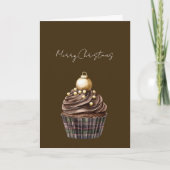 Gold Ornament Chocolate Plaid Cupcake Christmas Karte (Vorderseite)