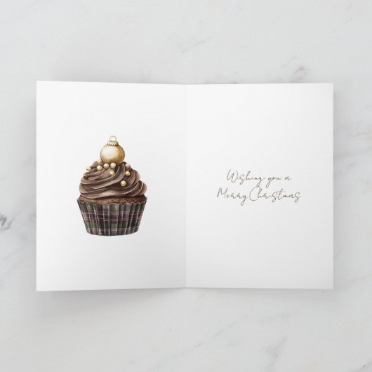 Gold Ornament Chocolate Plaid Cupcake Christmas Karte (Innenseite)