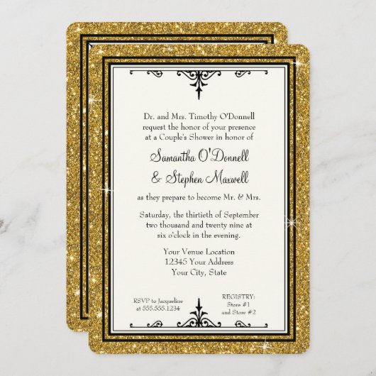 Gold Ornament Glitzer Striping Classic Elegante Einladung (Vorne/Hinten)