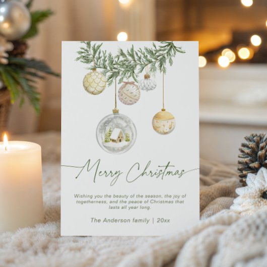 Gold Ornament Greenery Christmas Feiertagskarte